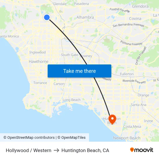Hollywood / Western to Huntington Beach, CA map
