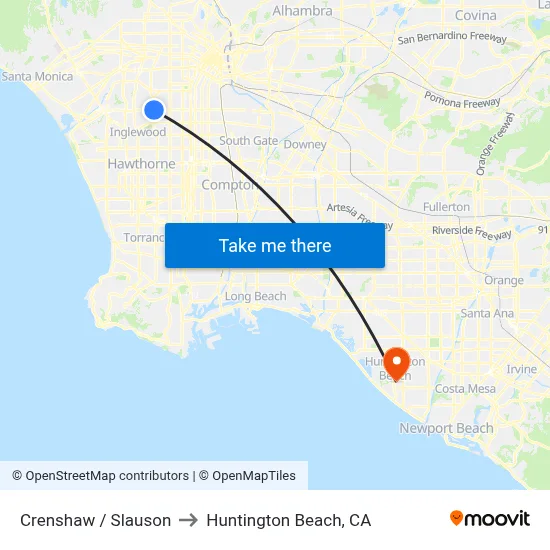Crenshaw / Slauson to Huntington Beach, CA map