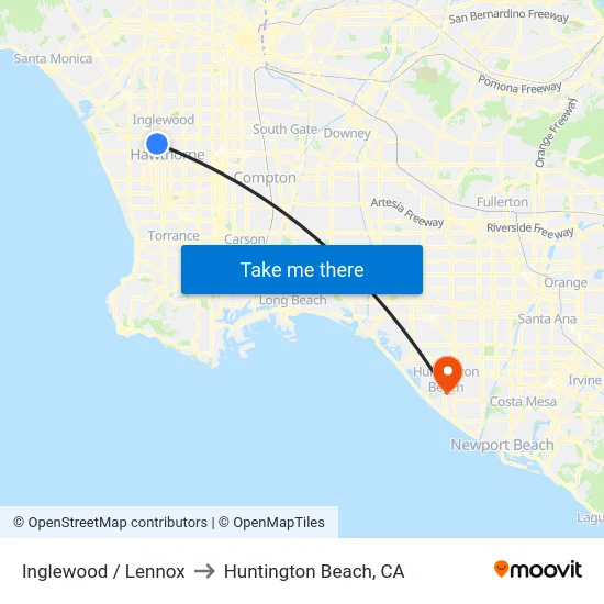 Inglewood / Lennox to Huntington Beach, CA map