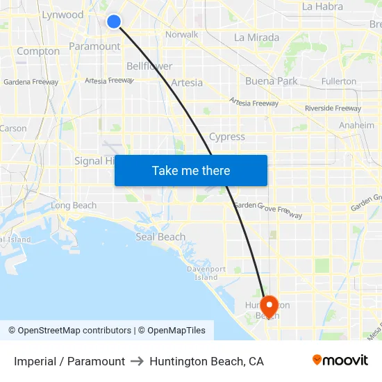 Imperial / Paramount to Huntington Beach, CA map