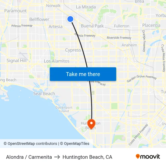 Alondra / Carmenita to Huntington Beach, CA map