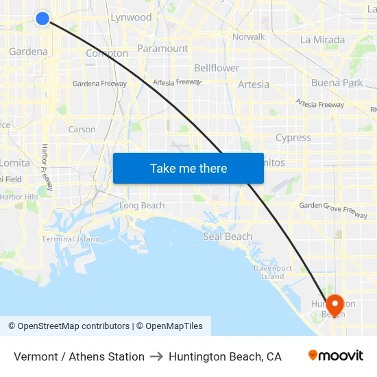 Vermont / Athens Station to Huntington Beach, CA map
