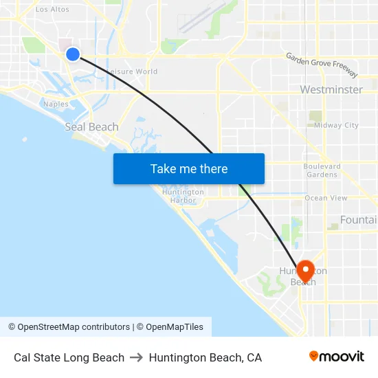 Cal State Long Beach to Huntington Beach, CA map