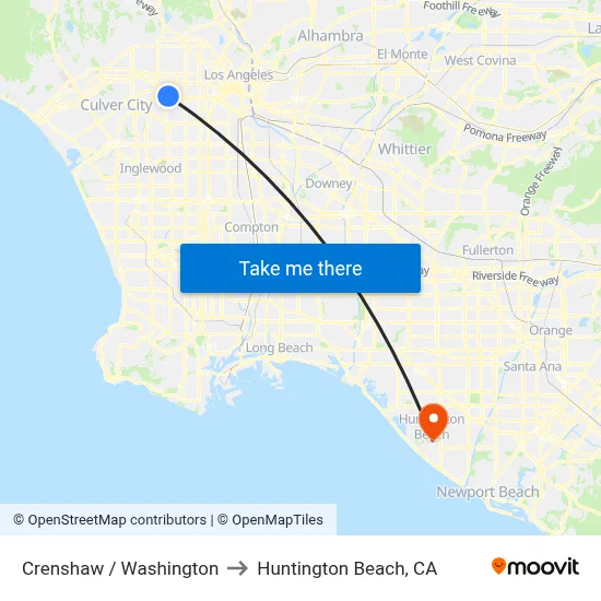Crenshaw / Washington to Huntington Beach, CA map