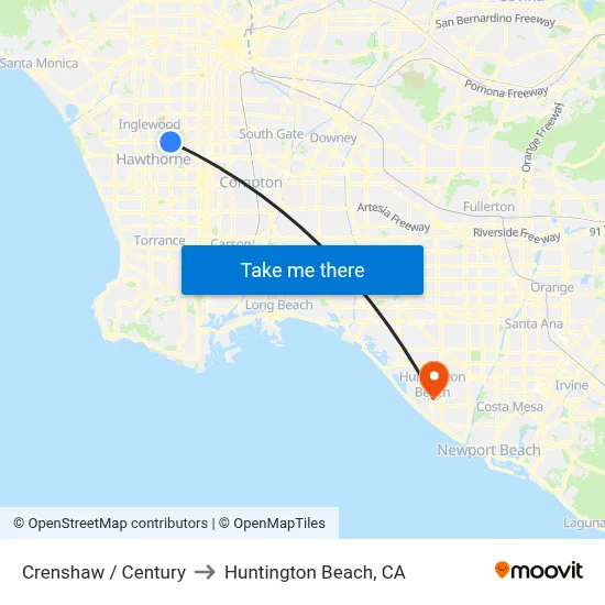 Crenshaw / Century to Huntington Beach, CA map