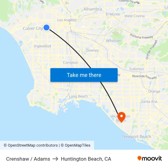 Crenshaw / Adams to Huntington Beach, CA map