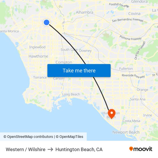 Western / Wilshire to Huntington Beach, CA map