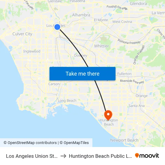 Los Angeles Union Station to Huntington Beach Public Library map