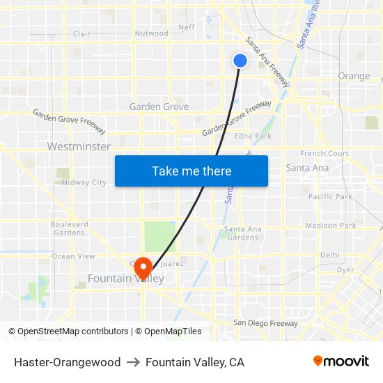 Haster-Orangewood to Fountain Valley, CA map