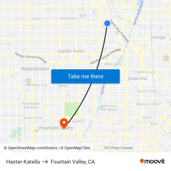Haster-Katella to Fountain Valley, CA map