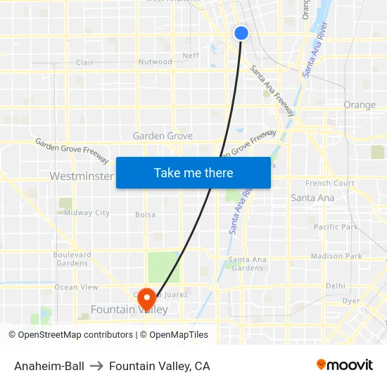 Anaheim-Ball to Fountain Valley, CA map