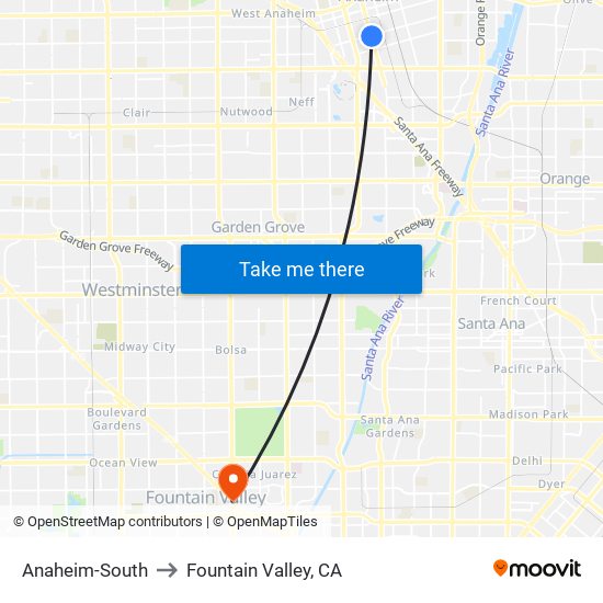 Anaheim-South to Fountain Valley, CA map
