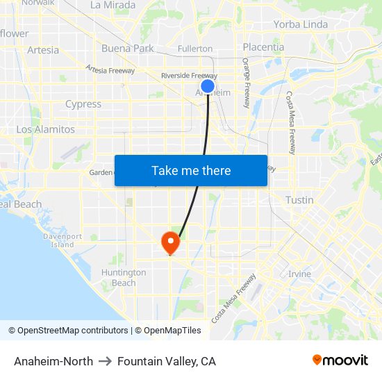 Anaheim-North to Fountain Valley, CA map