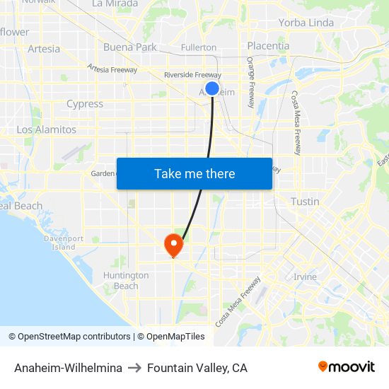 Anaheim-Wilhelmina to Fountain Valley, CA map