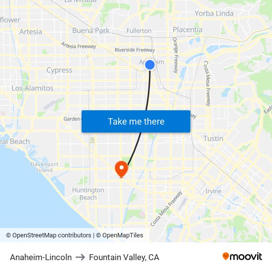 Anaheim-Lincoln to Fountain Valley, CA map