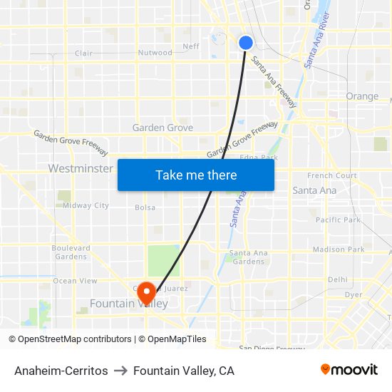 Anaheim-Cerritos to Fountain Valley, CA map