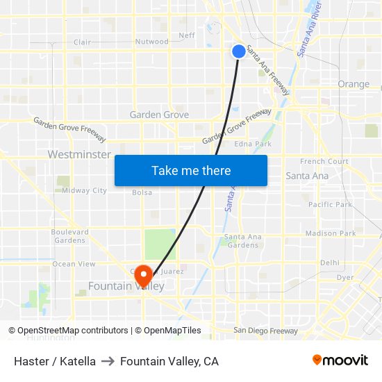 Haster / Katella to Fountain Valley, CA map