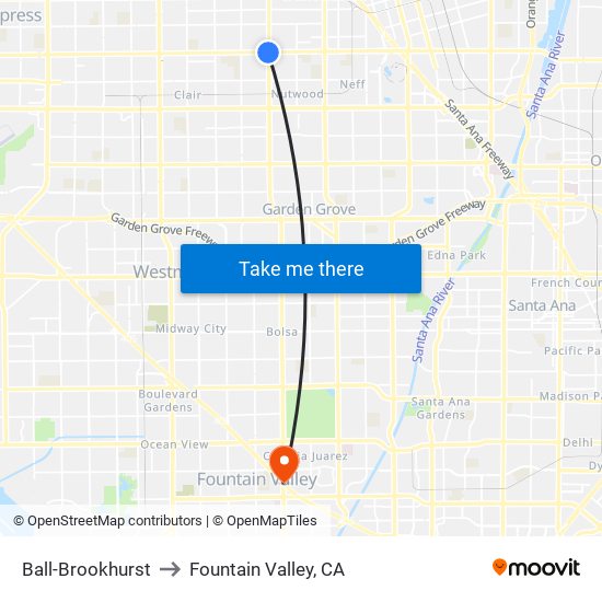 Ball-Brookhurst to Fountain Valley, CA map