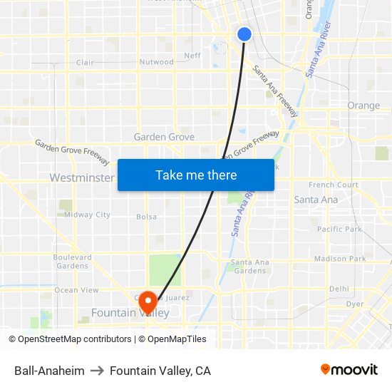Ball-Anaheim to Fountain Valley, CA map