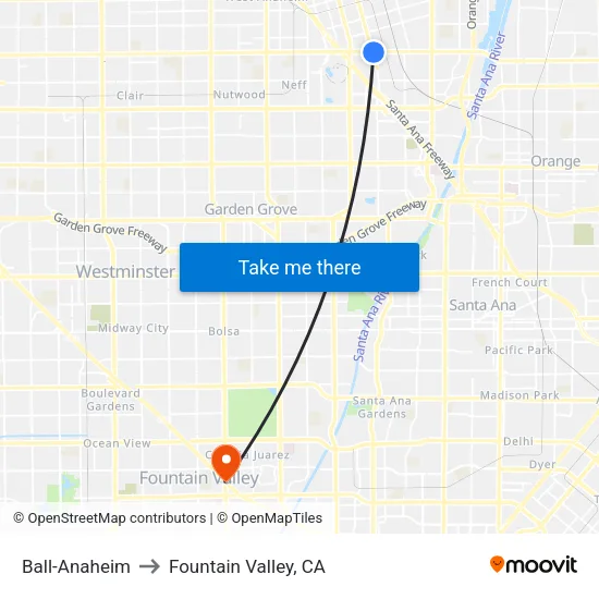 Ball-Anaheim to Fountain Valley, CA map