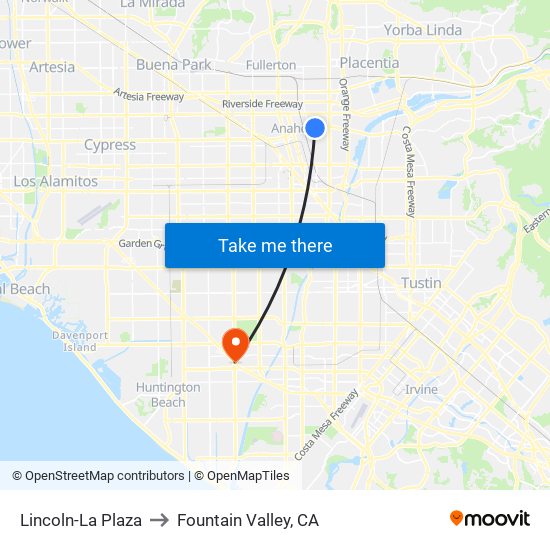 Lincoln-La Plaza to Fountain Valley, CA map