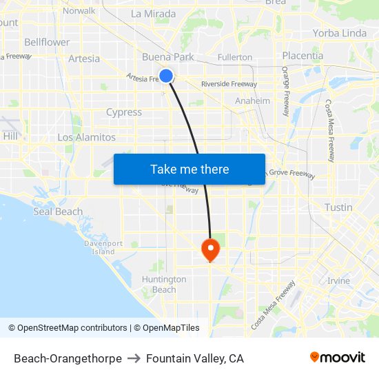 Beach-Orangethorpe to Fountain Valley, CA map