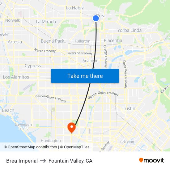 Brea-Imperial to Fountain Valley, CA map