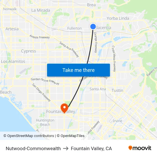 Nutwood-Commonwealth to Fountain Valley, CA map