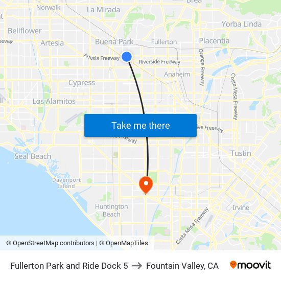 Fullerton Park and Ride Dock 5 to Fountain Valley, CA map