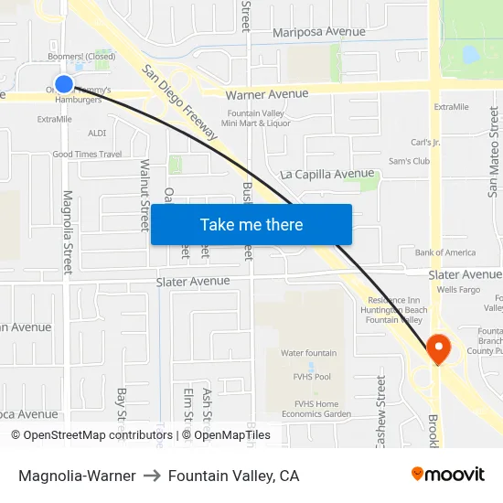 Magnolia-Warner to Fountain Valley, CA map