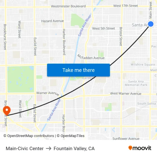 Main-Civic Center to Fountain Valley, CA map