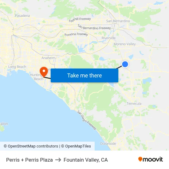 Perris + Perris Plaza to Fountain Valley, CA map