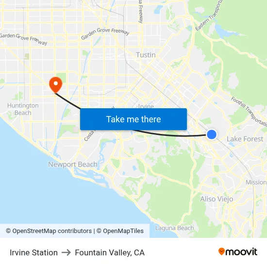 Irvine Station to Fountain Valley, CA map
