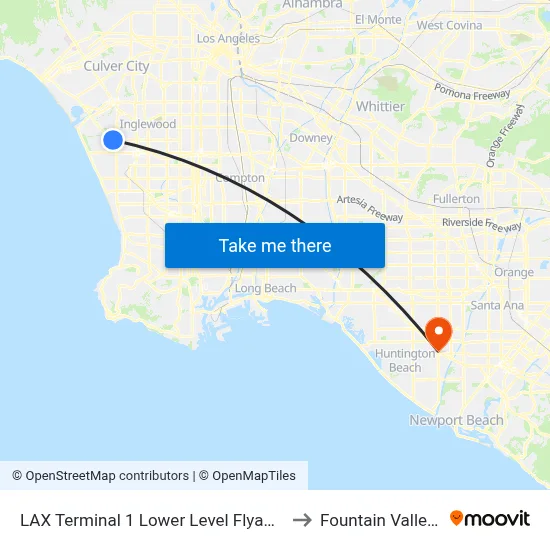 LAX Terminal 1 Lower Level Flyaway Stop to Fountain Valley, CA map