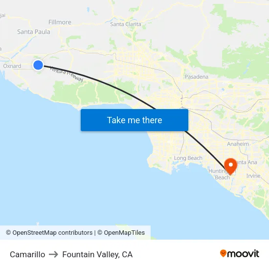 Camarillo to Fountain Valley, CA map
