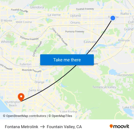 Fontana Metrolink to Fountain Valley, CA map