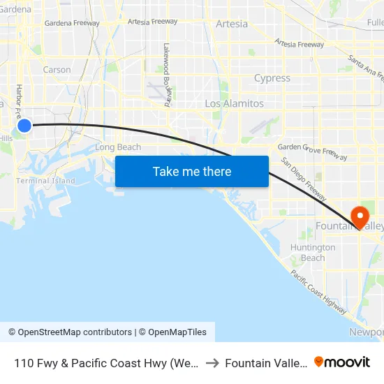110 Fwy & Pacific Coast Hwy (Westbound) to Fountain Valley, CA map