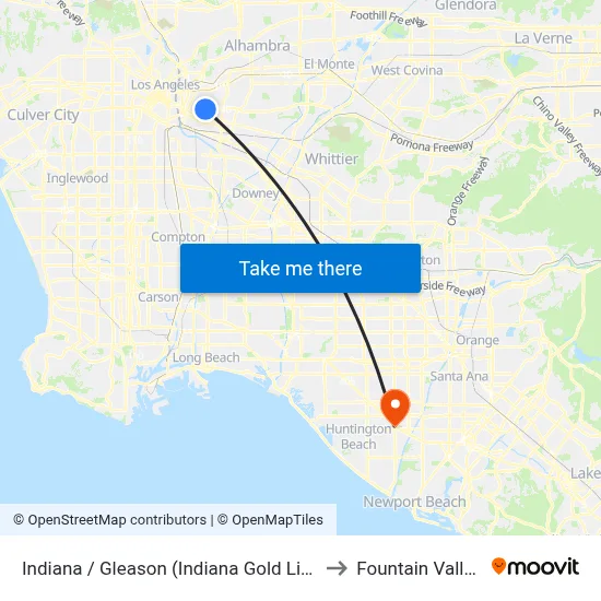 Indiana / Gleason (Indiana Gold Line Station) to Fountain Valley, CA map