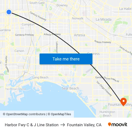 Harbor Fwy C & J Line Station to Fountain Valley, CA map