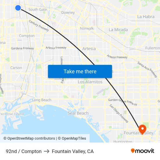 92nd / Compton to Fountain Valley, CA map