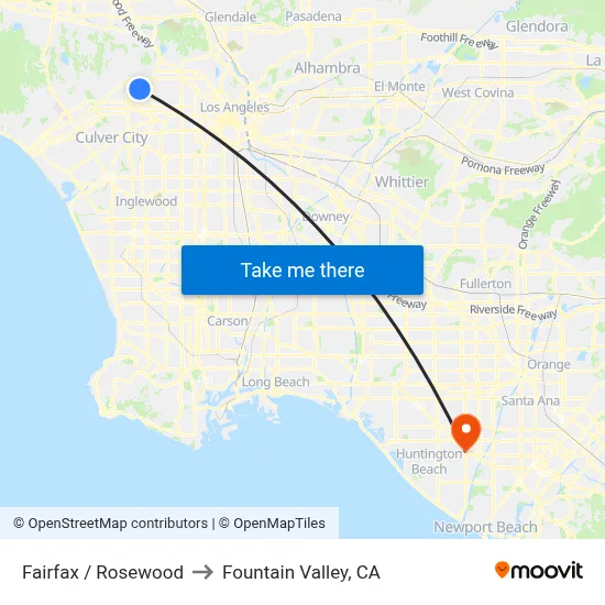 Fairfax / Rosewood to Fountain Valley, CA map
