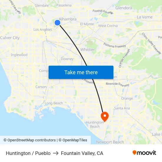 Huntington / Pueblo to Fountain Valley, CA map