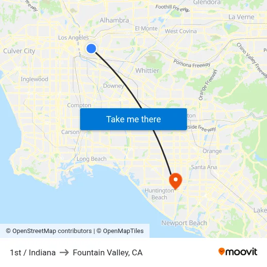 1st / Indiana to Fountain Valley, CA map