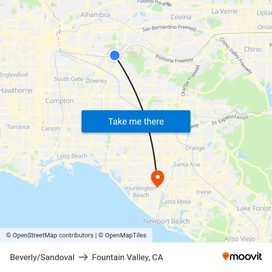 Beverly/Sandoval to Fountain Valley, CA map