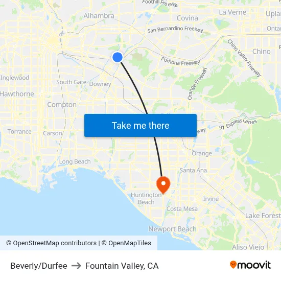 Beverly/Durfee to Fountain Valley, CA map