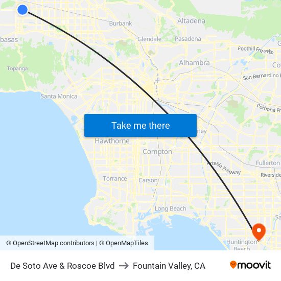 De Soto Ave & Roscoe Blvd to Fountain Valley, CA map