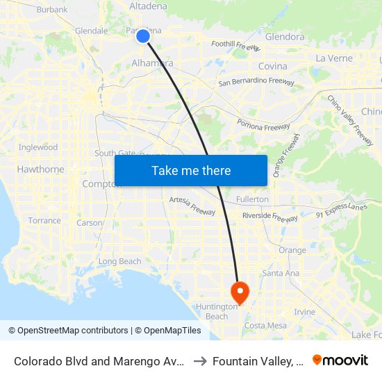 Colorado Blvd and Marengo Ave W to Fountain Valley, CA map