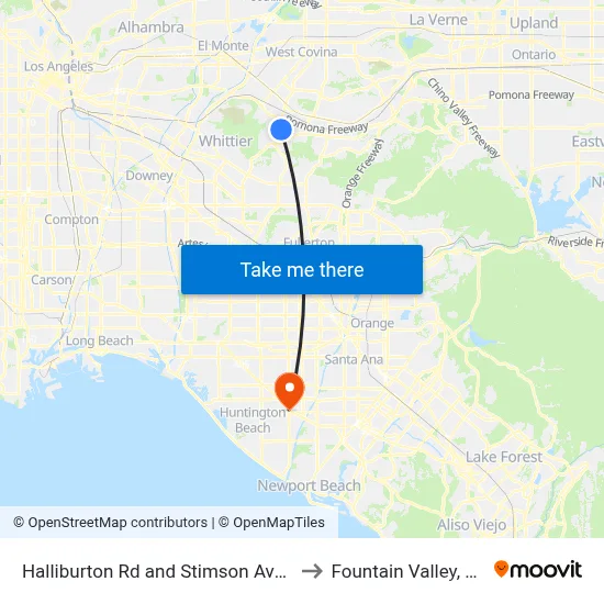 Halliburton Rd and Stimson Ave E to Fountain Valley, CA map
