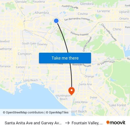 Santa Anita Ave and Garvey Ave S to Fountain Valley, CA map