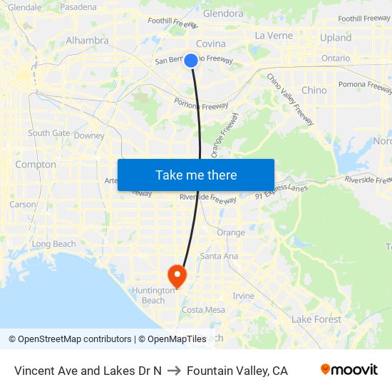 Vincent Ave and Lakes Dr N to Fountain Valley, CA map